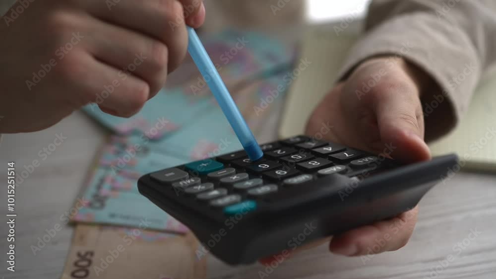 Close-up of a man calculating monthly income and results using a calculator, checking electronic bills in an e-banking computer application, managing expenses and household cash payments