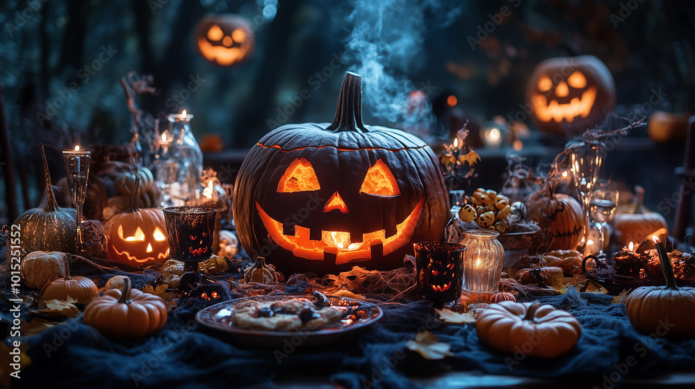 Fototapeta premium Halloween table with pumpkins and candles on the table. A table with a pumpkin and a candle on it