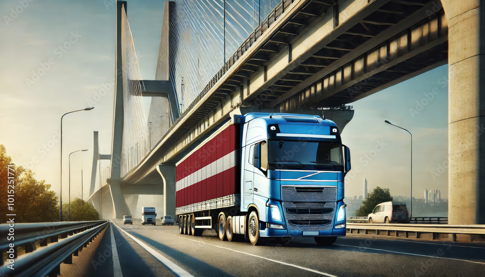 Blue semi-truck with an Latvia flag trailer driving under a large modern bridge. Perfect for showcasing freight transport, trucking, logistics, and cross-country shipping Blue semi-truck with an Latvia flag trailer driving under a large modern bridge. Perfect for showcasing freight transport, trucking, logistics, and cross-country shipping