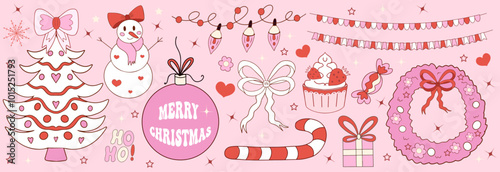 Pink girly coquette christmas set. Merry christmas and happy new year Lovely cute collection, christmas tree decorations with bows, pink ribbon. Vector illustration