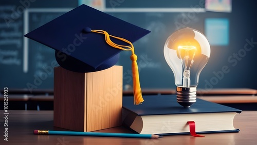 graduation cap featuring a symbol of learning in the classroom and a lightbulb on the book. Education: acquiring knowledge in a university or school. Idea knowledge of revolutionary technology, scienc photo