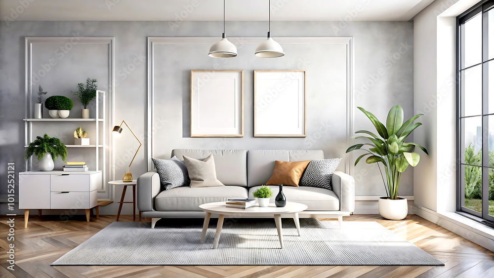 Fototapeta premium Minimalist modern living room interior background, 3D render, white Mock up frame