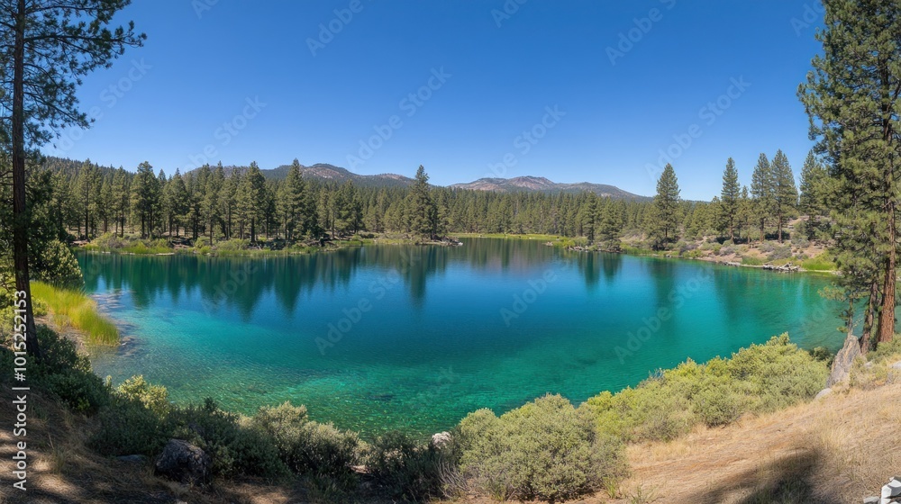 A panoramic view of a serene lake surrounded by pine trees and mountains under a clear blue sky. A panoramic view of a serene lake surrounded by pine trees and mountains under a clear blue sky.