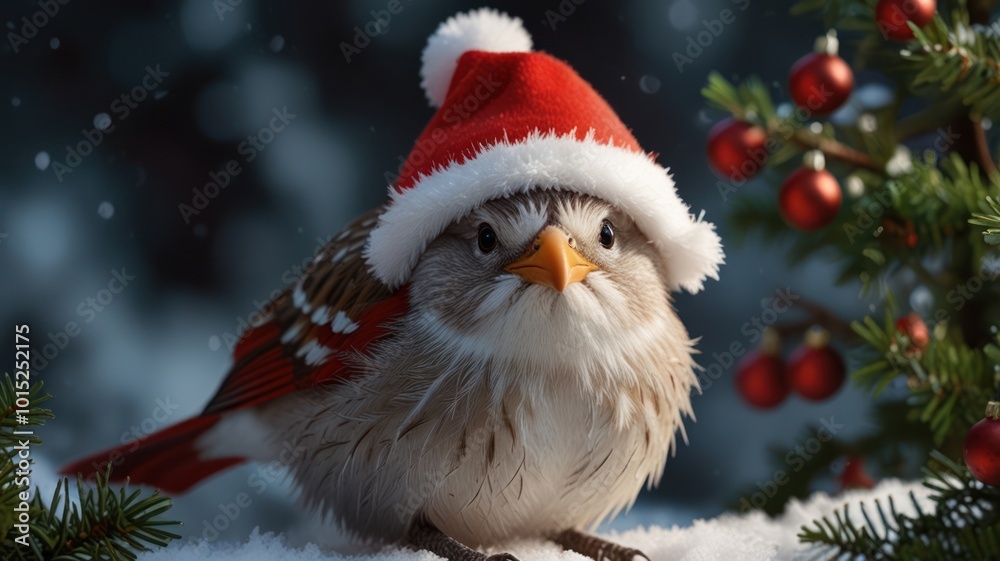 Obraz premium A small bird wearing a Santa hat sits in the snow with a blurred background of fir branches and red ornaments.