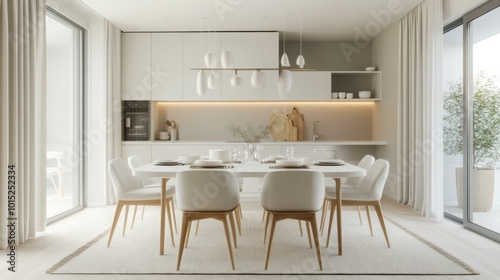 A modern dining room with large windows and white curtains. The room features a large white table with six white chairs. There is a white kitchen counter in the background