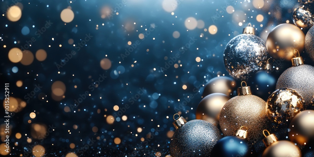 Modern Christmas banner with gold and silver ornaments, deep blue background, subtle bokeh lights, elegant and contemporary holiday setting. Modern Christmas banner with gold and silver ornaments, deep blue background, subtle bokeh lights, elegant and contemporary holiday setting.