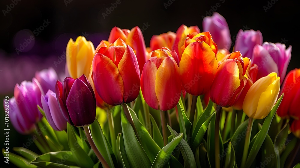 Obraz premium Colorful Tulips in Bloom Against Dark Background