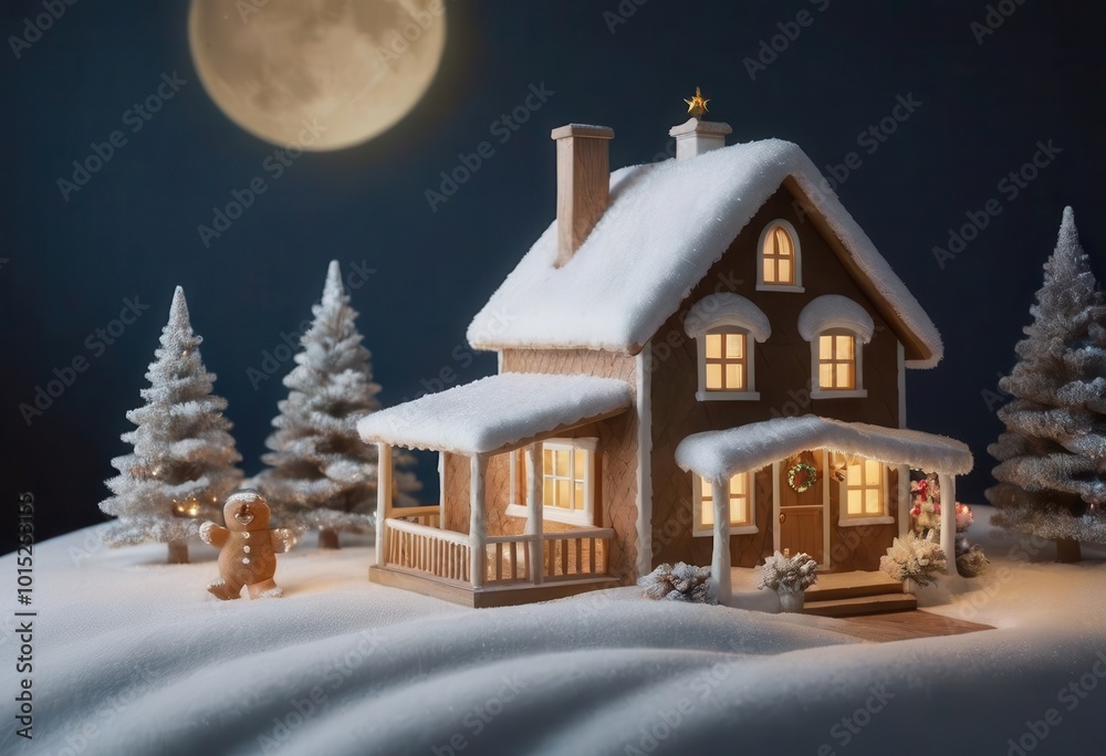 A charming house with snow on the roof, beautifully decorated for Christmas A charming house with snow on the roof, beautifully decorated for Christmas
