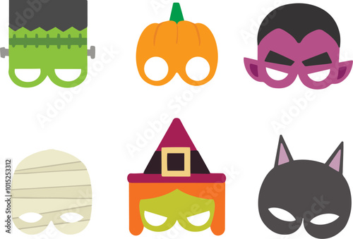 Set of masks for Halloween, New Year or party: pumpkin mask, mummy mask, spider mask, witch mask, vampire mask, Frankenstein mask