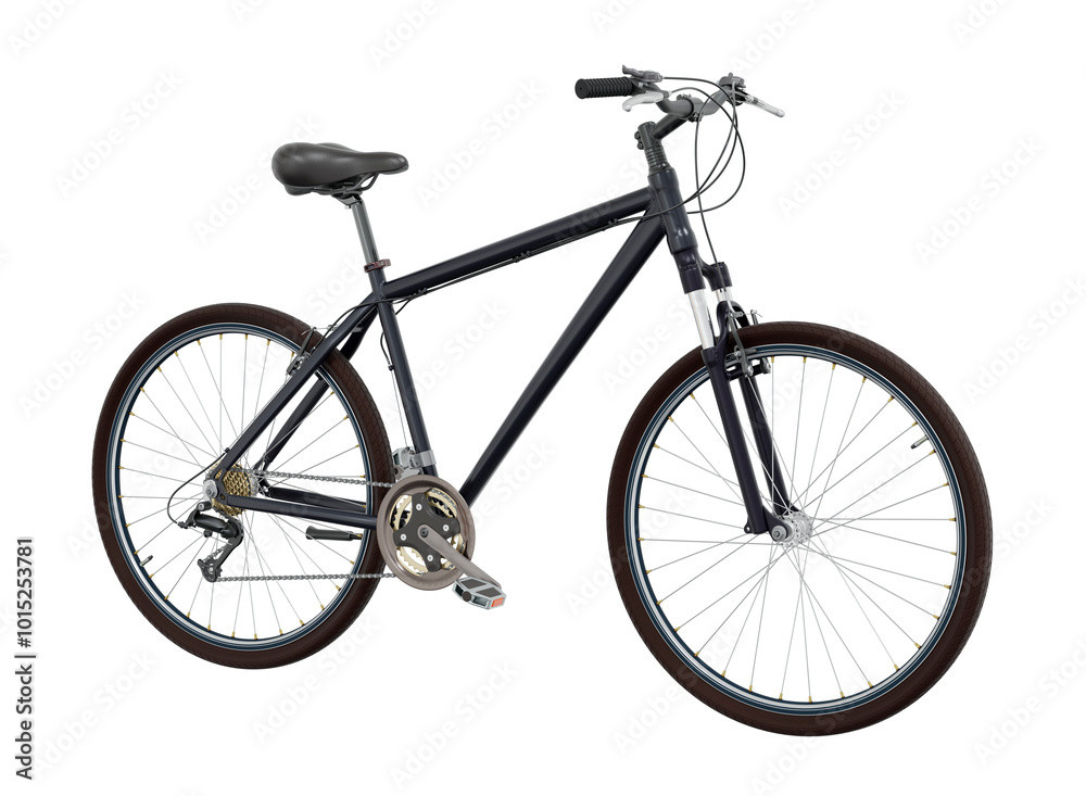 Black bicycle, side front view. Black leather saddle and handles. Png clipart isolated on transparent background Black bicycle, side front view. Black leather saddle and handles. Png clipart isolated on transparent background