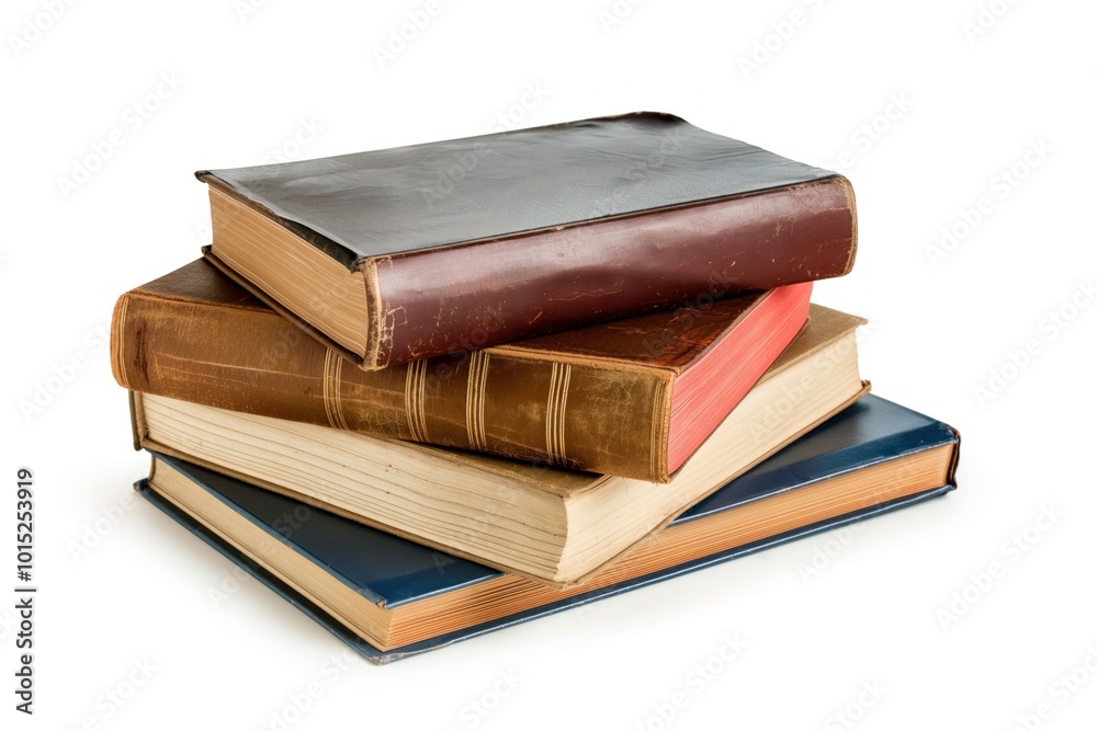 Stack of 4 books in pyramid formation. Largest book at base, smallest at top. Brown, black books with red cover. White background highlights colors, details. Stack of 4 books in pyramid formation. Largest book at base, smallest at top. Brown, black books with red cover. White background highlights colors, details.