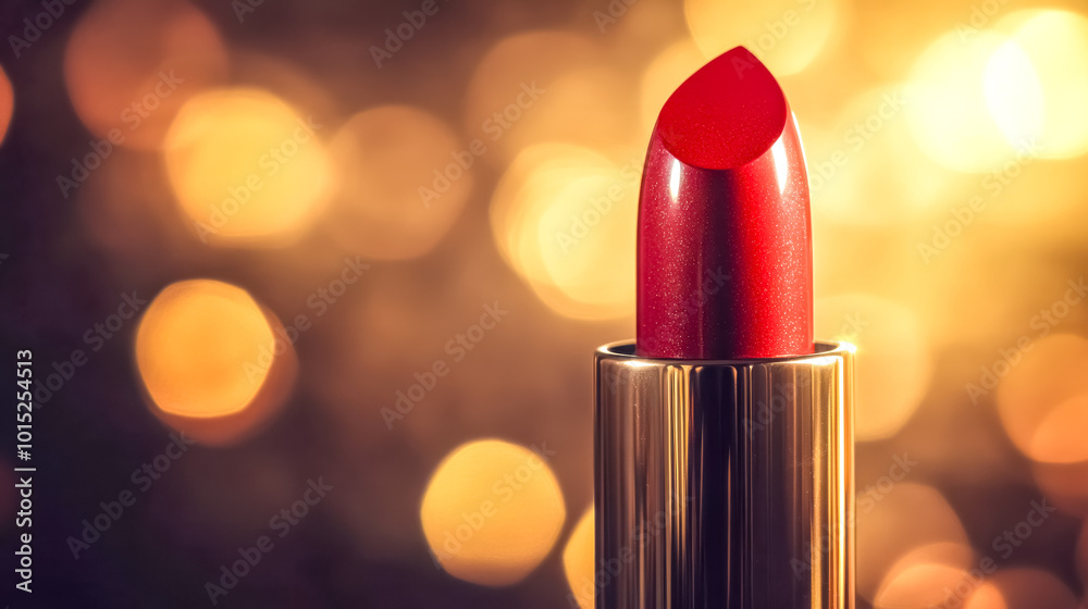 Red lipstick standing on golden background with lights out of focus Red lipstick standing on golden background with lights out of focus