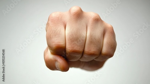 A close-up of a clenched fist, with knuckles prominent. The hand is in focus, while the background is blurred. photo