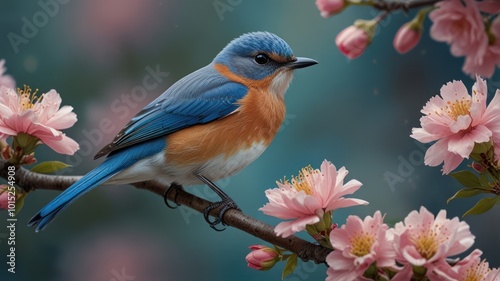 A bluebird perches on a branch with pink blossoms in the background.