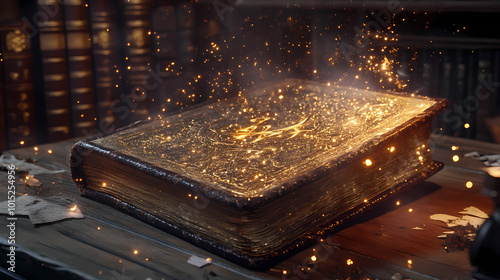 Antique magical spellbook with sparkling enchanted wisps mystical library 3d rendering. Spellbook. Illustration