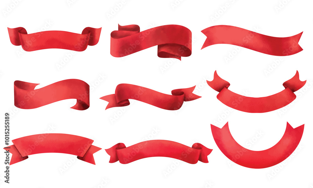 Ribbons elements watercolor stye. Flat banner ribbon for decorative design. Ribbons, Banners, badges, Labels Design Elements.