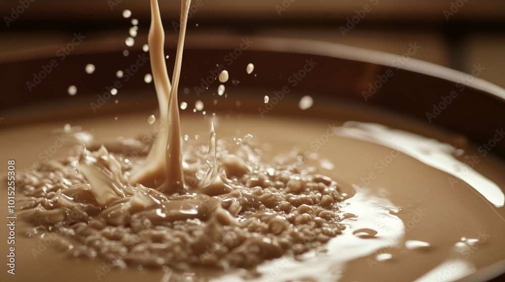 Delicate Cascade: Pouring Milk into Cereal Grains Delicate Cascade: Pouring Milk into Cereal Grains