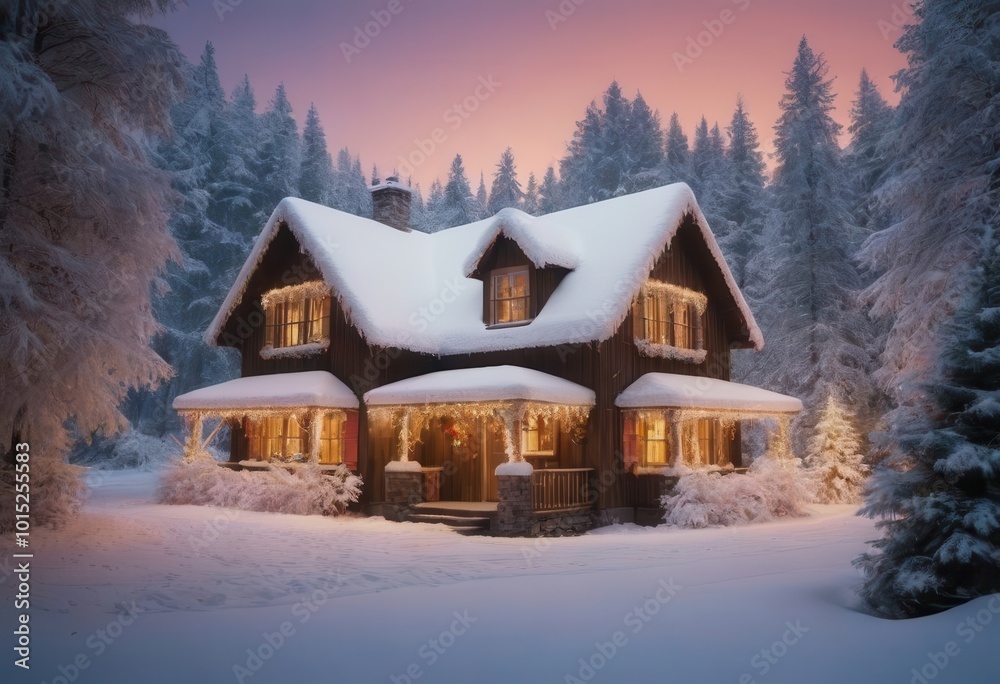 A charming house with snow on the roof, beautifully decorated for Christmas A charming house with snow on the roof, beautifully decorated for Christmas