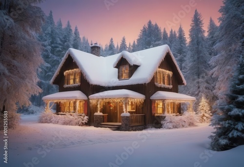 A charming house with snow on the roof, beautifully decorated for Christmas