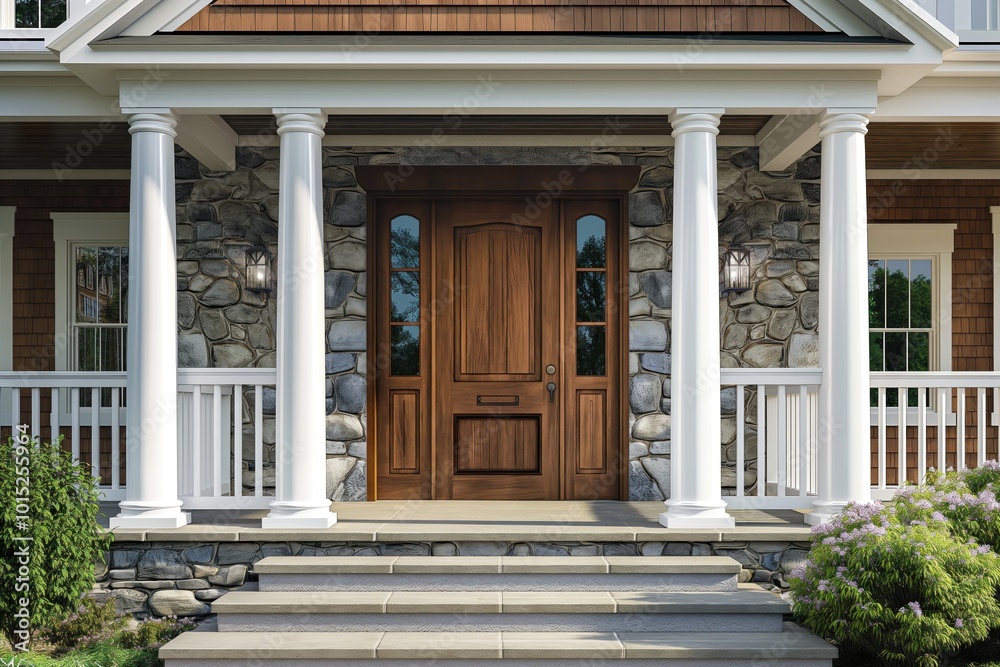 Wooden door with window above, flanked by white columns in georgian style house. Two-story structure with gray roof, rich green plants and plants in front yard. Low-angle view of entrance. Wooden door with window above, flanked by white columns in georgian style house. Two-story structure with gray roof, rich green plants and plants in front yard. Low-angle view of entrance.