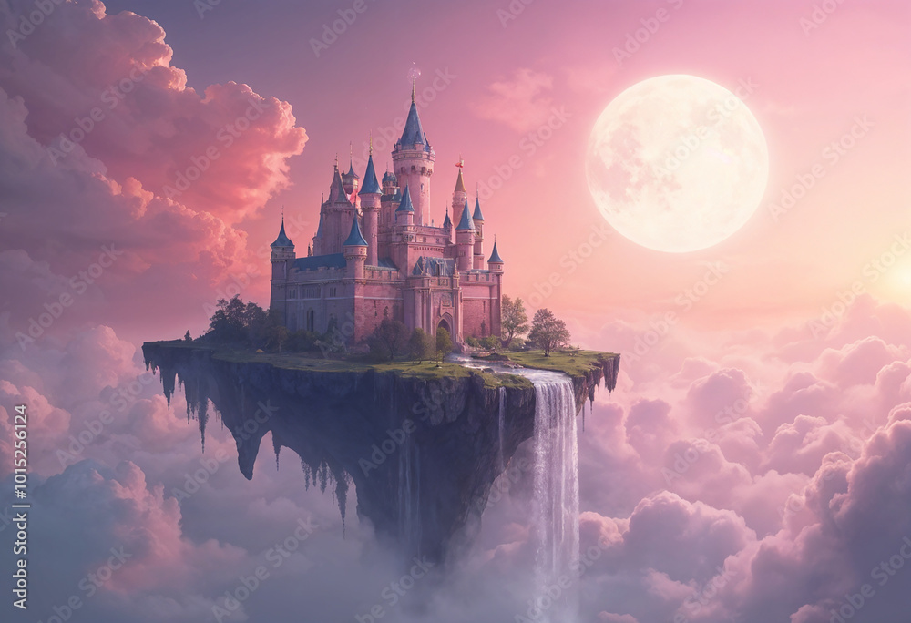 Naklejka premium Fantastical Floating Castle Magical Island Pink Sky Waterfall Moon and Clouds Fantasy Realm