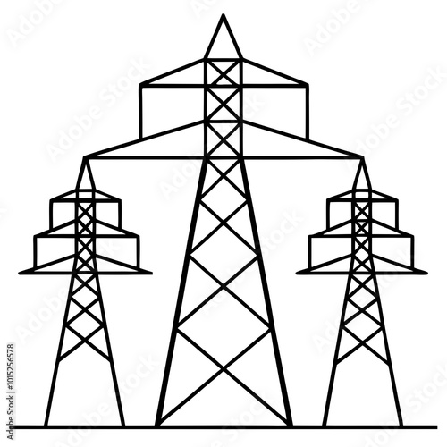 Power lines with pylons line art vector