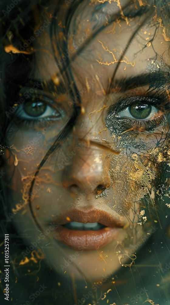 Close-Up Portrait of a Woman with Golden Glitter Makeup Close-Up Portrait of a Woman with Golden Glitter Makeup