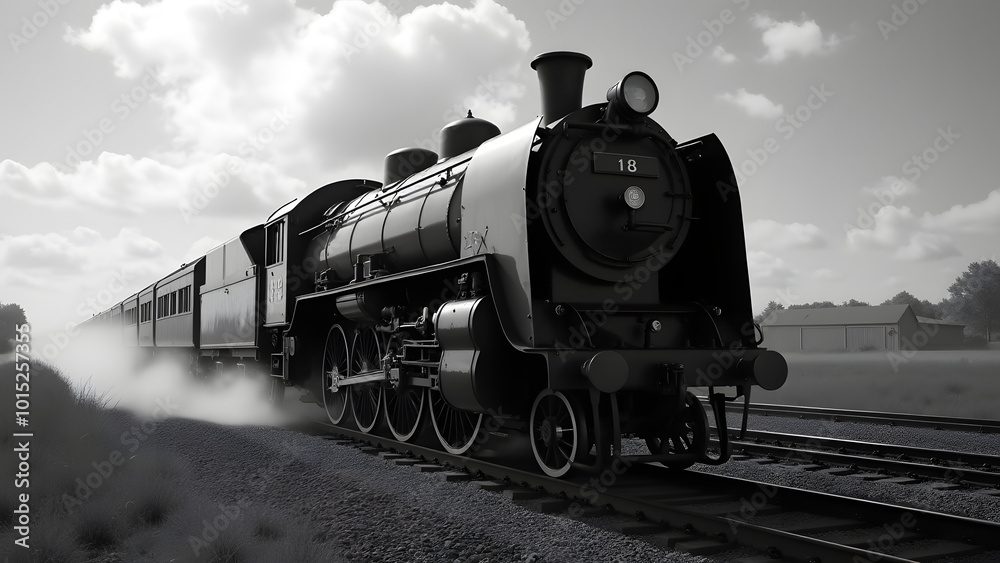 Fototapeta premium A Striking Black and White Image of a Vintage Train in Motion Capturing the Essence of Railway Travel