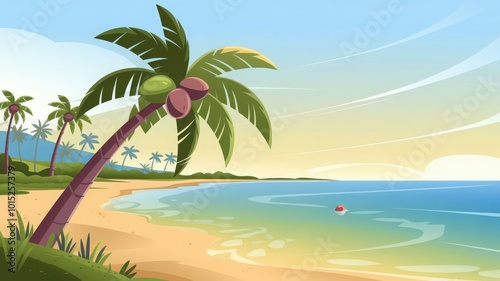 Illustration of a palm tree on a sandy beach with coconuts hanging from its branches. and the shore is lined with more palm trees. The sand is wet near the water, with a small buoy floating nearby