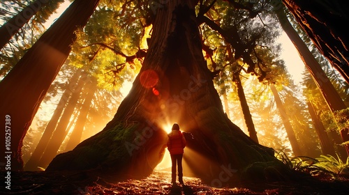 Majestic Forest Light Through Ancient Trees photo