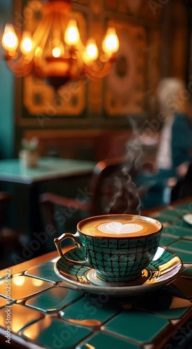 ntricate cup of coffee, iridescent and opalescent, zellige tile design, neon colors-Ai generator	