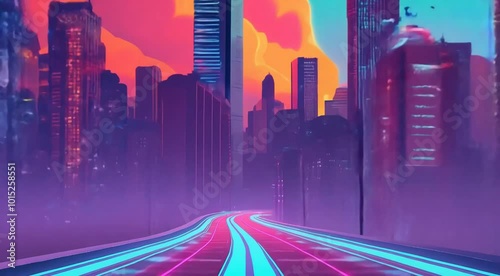 wallpaper featuring a cartoon-style city skyline. The cityscape is illuminated by neon lights	