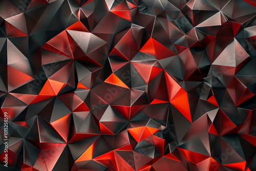 Backdrop with contemporary abstract design featuring layered red triangles and geometric shapes. Modern geometry background. front view. Digital 3D render. wallpaper with texture.