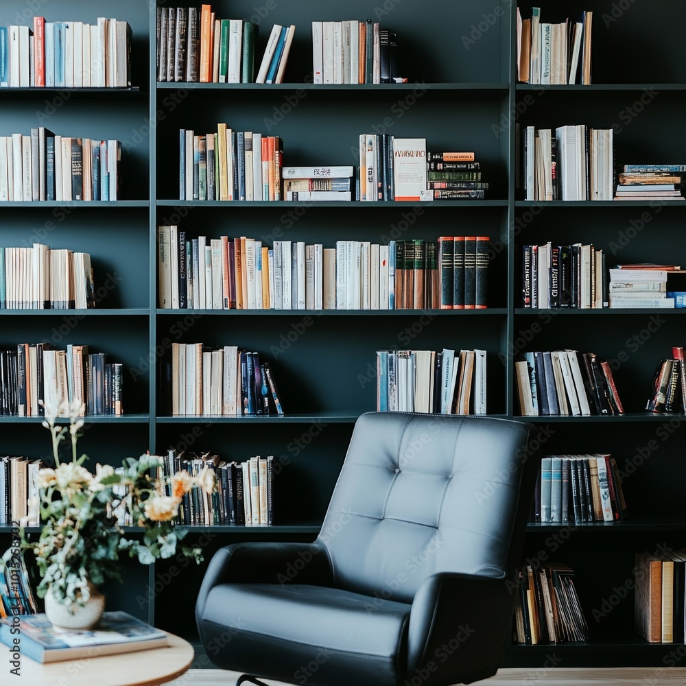 Modern Home Library, Floor-to-Ceiling Bookshelves Packed with Books, Comfortable Leather Armchair Modern Home Library, Floor-to-Ceiling Bookshelves Packed with Books, Comfortable Leather Armchair