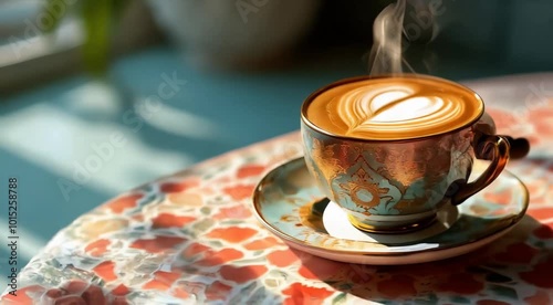 ntricate cup of coffee, iridescent and opalescent, zellige tile design, neon colors-Ai generator	