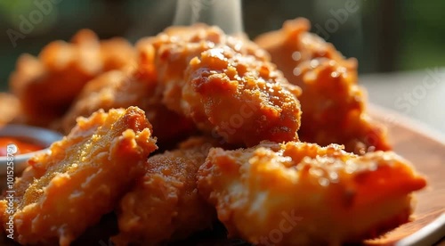 Closeup of crispy fried chicken bites with dipping sauce.	