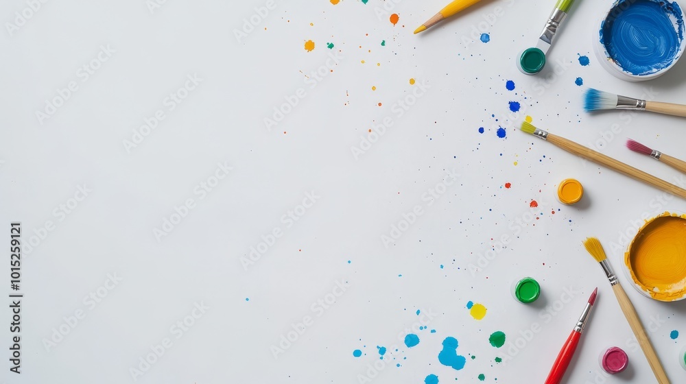 Colorful art supplies scattered on white background, including paint brushes, pencils, and paint splatters. Ample copy space for text or design elements