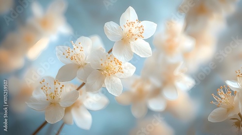 A macro shot of white meadowsweet flowers a blurred soft color background