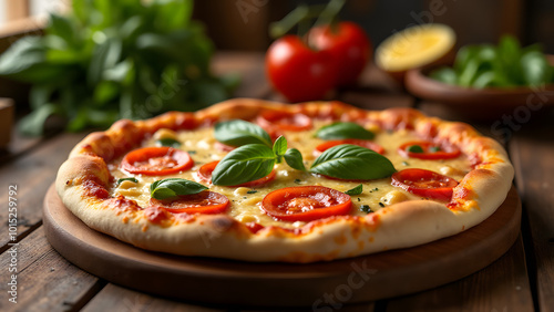 A Delectable Pizza Sitting Invitingly on the Back of a Rustic Wooden Table in a Warm Dining Atmosphere