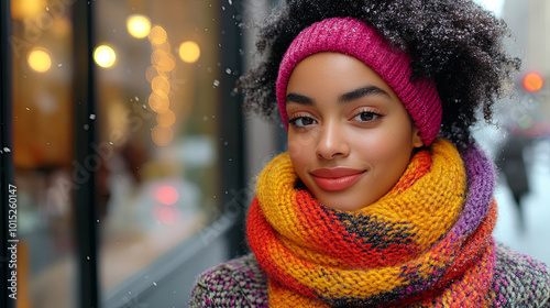 A Young Woman in Vibrant Winter Attire Smiles Warmly During a Snowy Day in an Urban Setting, Showcasing Holiday Lights and a Cozy Atmosphere