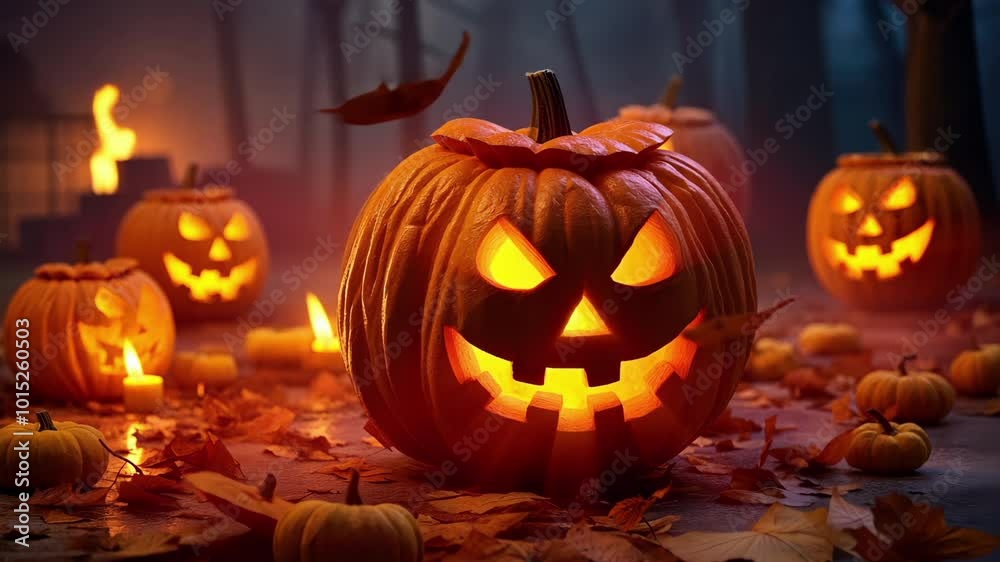Glowing Jack-o'-Lanterns in Foggy Forest - 4K Halloween Video Footage Background 2025 Glowing Jack-o'-Lanterns in Foggy Forest - 4K Halloween Video Footage Background 2025