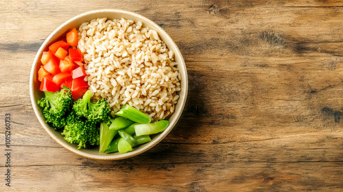 Vegan buddha bowl with brown rice and vegetables on wood table photo