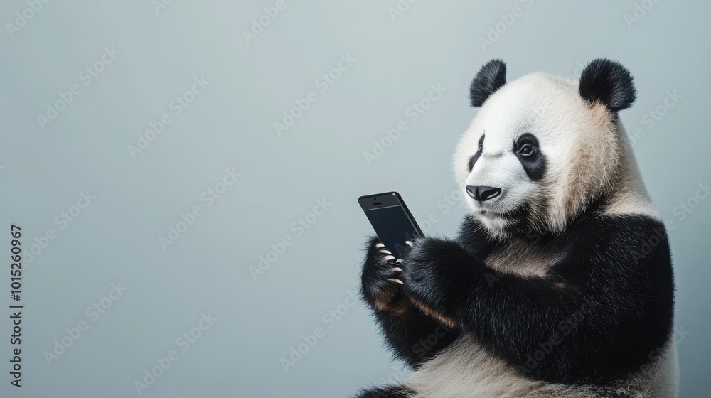 Fototapeta premium panda holding a smartphone, typing with its paws, isolated against a simple background.