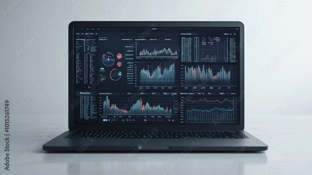 A laptop displaying various data charts and graphs. A laptop displaying various data charts and graphs.