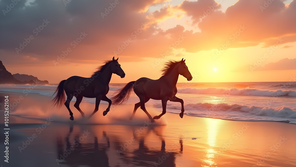 A Stunning Sunset with Two Galloping Horses on a Pristine Beach, Capturing the Essence of Nature's Beauty and Freedom A Stunning Sunset with Two Galloping Horses on a Pristine Beach, Capturing the Essence of Nature's Beauty and Freedom