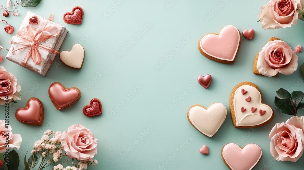 Heart-shaped cookies, roses, and gift box arranged on pastel mint background, perfect for Valentine's Day or romantic concepts with copy space Heart-shaped cookies, roses, and gift box arranged on pastel mint background, perfect for Valentine's Day or romantic concepts with copy space