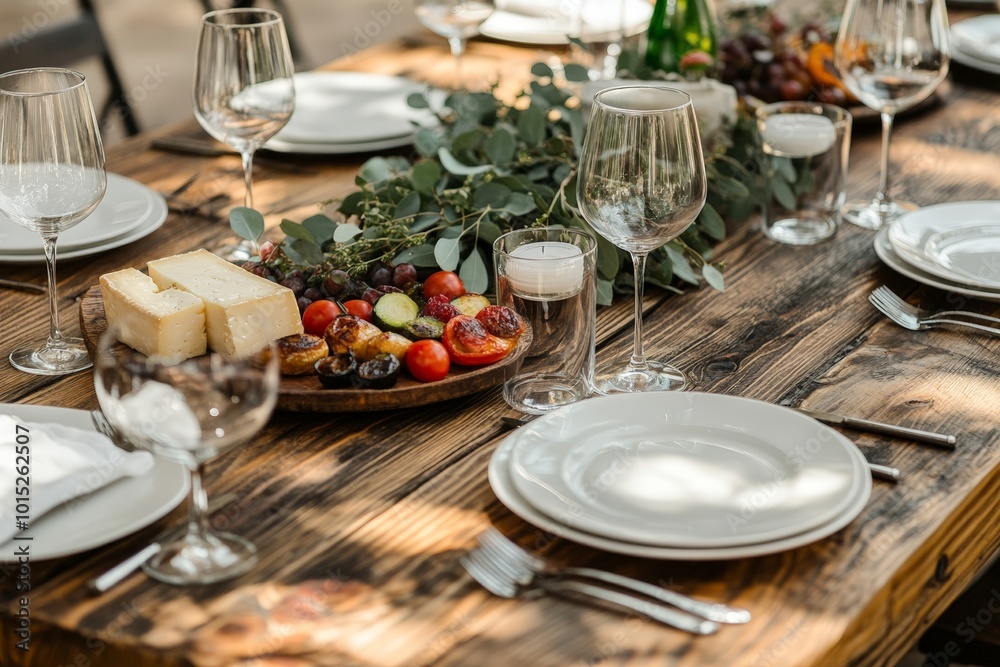 rustic wooden table set for a cozy dinner party, adorned with a eucalyptus branch centerpiece. rustic wooden table set for a cozy dinner party, adorned with a eucalyptus branch centerpiece.