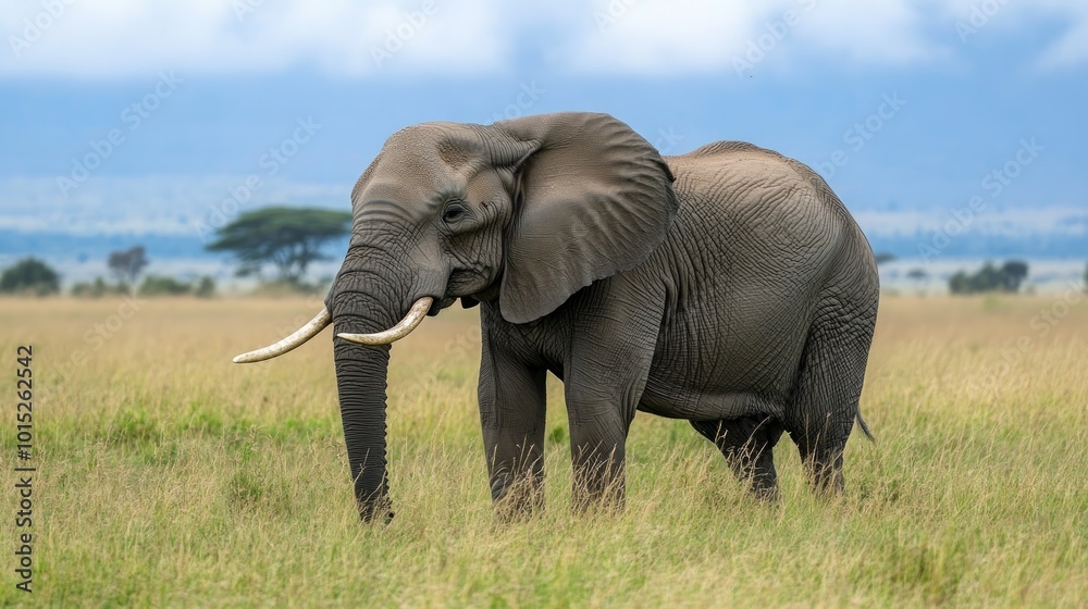 A large African elephant stands in a field of tall grass with its ears spread out. It is looking towards the camera. The elephant has long tusks and a wrinkled trunk. T A large African elephant stands in a field of tall grass with its ears spread out. It is looking towards the camera. The elephant has long tusks and a wrinkled trunk. T