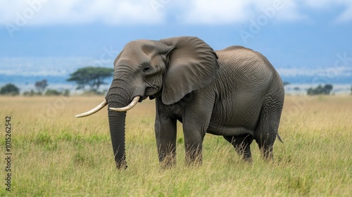 A large African elephant stands in a field of tall grass with its ears spread out. It is looking towards the camera. The elephant has long tusks and a wrinkled trunk. T