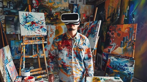 Wallpaper Mural Male artist wearing a VR headset, surrounded by colorful abstract paintings in a studio setting. Torontodigital.ca